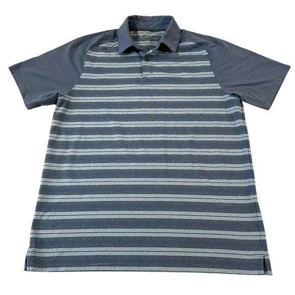 Under Armour Polo Golf Shirt Men's Size Medium Heatgear Striped Blue Loose Fit - Picture 1 of 5